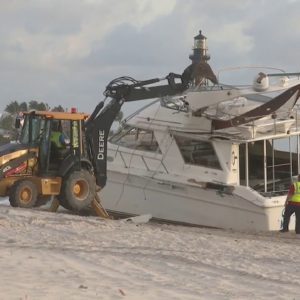 Crews dismantle massive Yacht destroyed that washed up on Pompano Beach during Hurricane Nicole